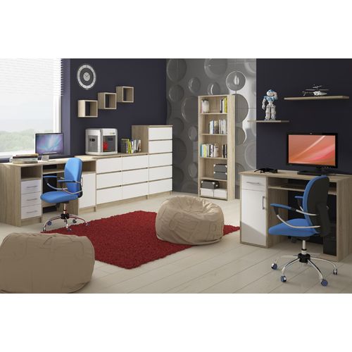 Bureau D'ordinateur Droit A6 Chêne Sonoma 90 Cm 3 Tiroirs Façade Blanche 1 Étagère 90x50x77 Cm