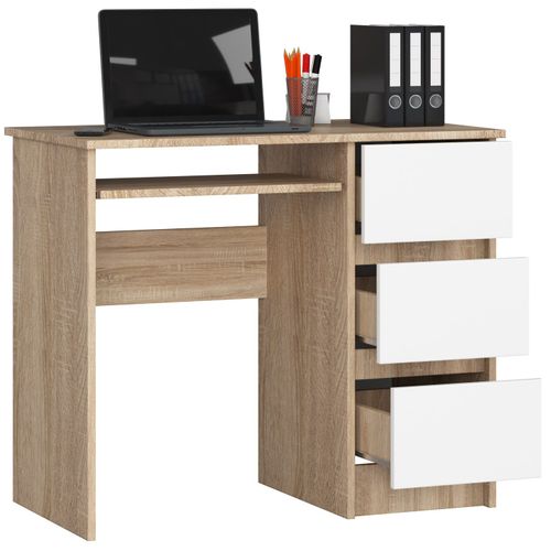 Bureau D'ordinateur Droit A6 Chêne Sonoma 90 Cm 3 Tiroirs Façade Blanche 1 Étagère 90x50x77 Cm