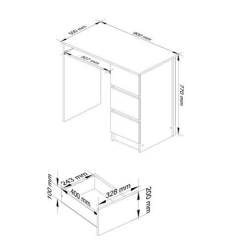 Bureau D'ordinateur Droit A6 Chêne Sonoma 90 Cm 3 Tiroirs Façade Blanche 1 Étagère 90x50x77 Cm