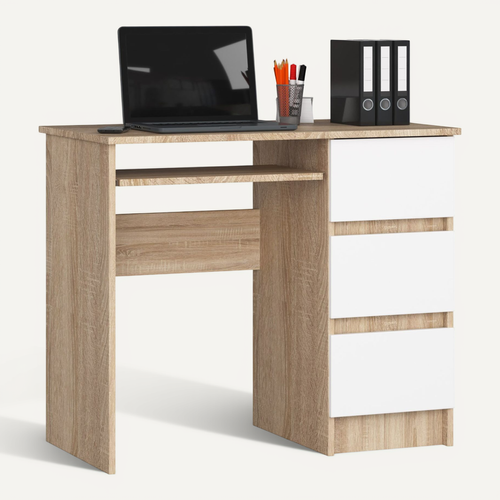 Bureau D'ordinateur Droit A6 Chêne Sonoma 90 Cm 3 Tiroirs Façade Blanche 1 Étagère 90x50x77 Cm