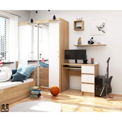 Bureau D'ordinateur Droit A6 Chêne Sonoma 90 Cm 3 Tiroirs Façade Blanche 1 Étagère 90x50x77 Cm