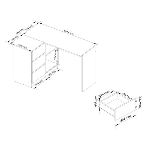 Bureau Akord D'angle Gauche B16 Blanc 124 Cm 3 Tiroirs Façade Blanche 2 Étagères 124x85x77 Cm