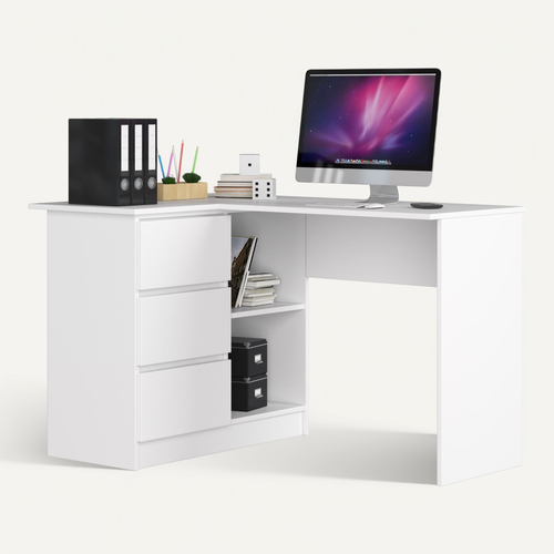Bureau Akord D'angle Gauche B16 Blanc 124 Cm 3 Tiroirs Façade Blanche 2 Étagères 124x85x77 Cm