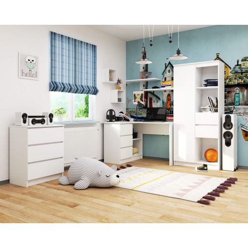 Bureau Akord D'angle Gauche B16 Blanc 124 Cm 3 Tiroirs Façade Blanche 2 Étagères 124x85x77 Cm