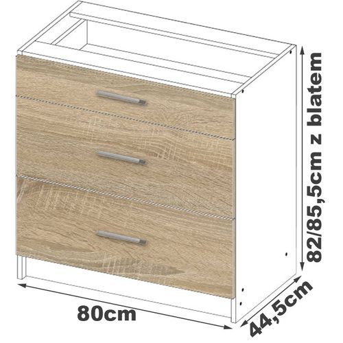 Meuble De Cuisine Bas S80 Lima Modulable Blanc 80 Cm 3 Tiroirs Façade Chêne Sonoma 80x44,5x82 Cm