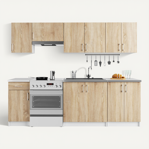 Ensemble De Cuisine Lima Blanc 240 Cm 11 Portes 1 Tiroir Façade Chêne Sonoma 240x44,5x203 Cm