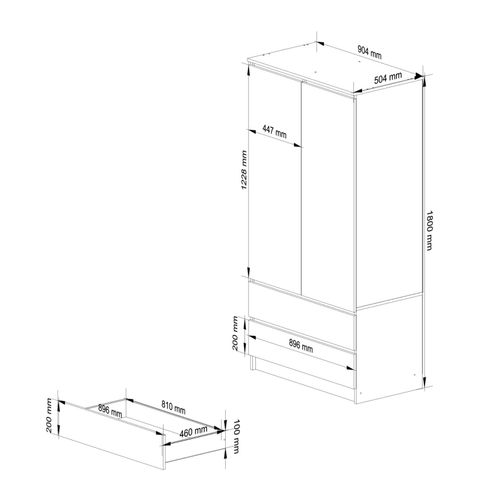 Armoire Akord S90 Avec Miroir Blanche 90 Cm 2 Portes 2 Tiroirs Façade Blanche