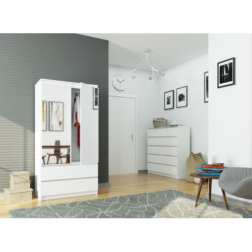 Armoire Akord S90 Avec Miroir Blanche 90 Cm 2 Portes 2 Tiroirs Façade Blanche