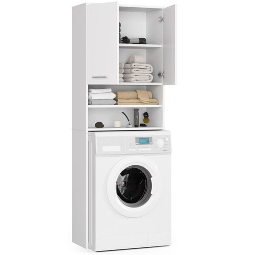 Meuble Pour Machine à Laver Fin Blanche 64 Cm 2 Portes Façade Blanche Niche 4 Étagères 64x30x180 Cm