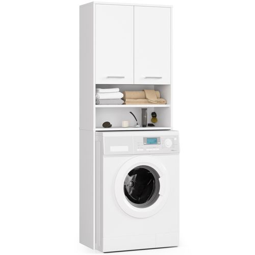 Meuble Pour Machine à Laver Fin Blanche 64 Cm 2 Portes Façade Blanche Niche 4 Étagères 64x30x180 Cm