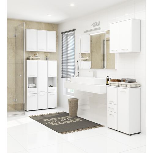 Meuble Pour Machine à Laver Fin Blanche 64 Cm 2 Portes Façade Blanche Niche 4 Étagères 64x30x180 Cm