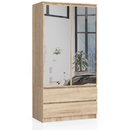 Armoire Akord S90 Avec Miroir Chêne Sonoma 90 Cm 2 Portes 2 Tiroirs Façade Chêne Sonoma