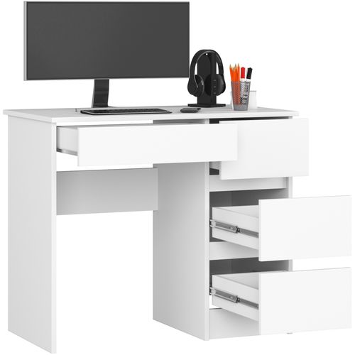 Bureau D'ordinateur Akord Droit A7 Blanc 90 Cm 4 Tiroirs Façade Blanche 90x50x77 Cm