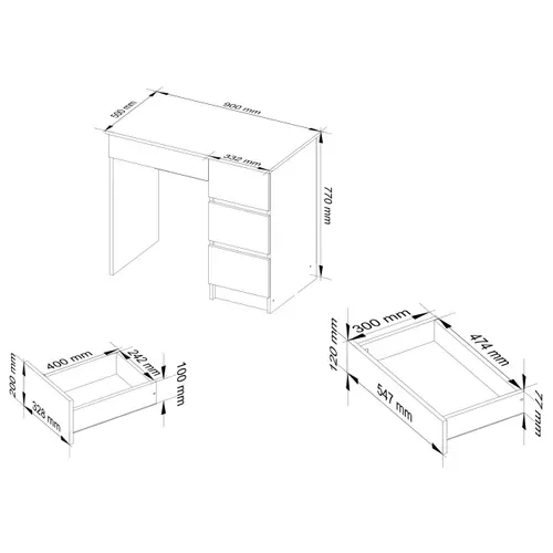 Bureau D'ordinateur Akord Droit A7 Blanc 90 Cm 4 Tiroirs Façade Blanche 90x50x77 Cm
