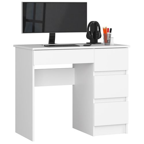 Bureau D'ordinateur Akord Droit A7 Blanc 90 Cm 4 Tiroirs Façade Blanche 90x50x77 Cm