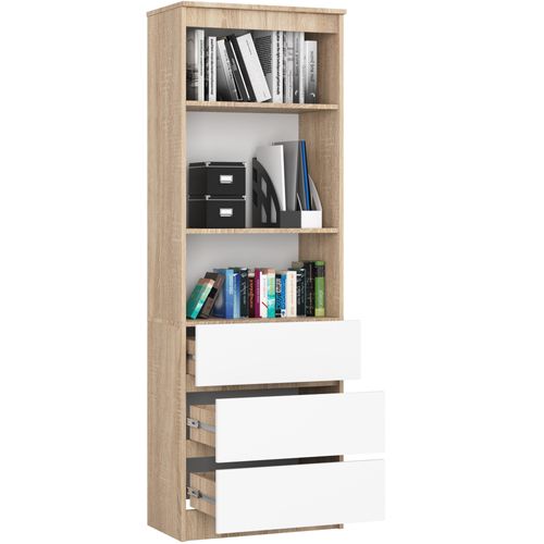 Bibliothèque De Bureau R60 Chêne Sonoma 60 Cm 3 Tiroirs Façade Blanche 3 Étagères 60x35x180 Cm