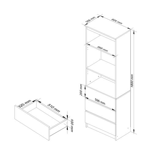 Bibliothèque De Bureau R60 Chêne Sonoma 60 Cm 3 Tiroirs Façade Blanche 3 Étagères 60x35x180 Cm