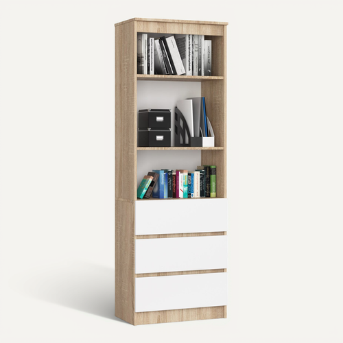 Bibliothèque De Bureau R60 Chêne Sonoma 60 Cm 3 Tiroirs Façade Blanche 3 Étagères 60x35x180 Cm