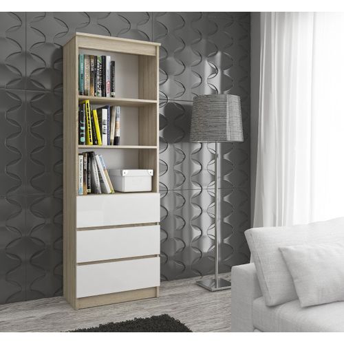 Bibliothèque De Bureau R60 Chêne Sonoma 60 Cm 3 Tiroirs Façade Blanche 3 Étagères 60x35x180 Cm