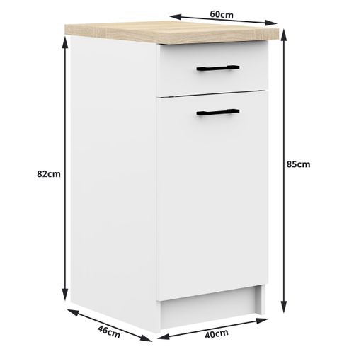 Meuble De Cuisine Bas S40 Oliwia Modulable Blanc 40 Cm 1 Porte 1 Tiroir Façade Blanche 2 Étagères