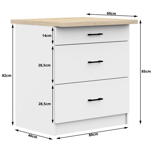 Meuble De Cuisine Bas S80 Oliwia Modulable Blanc 80 Cm 3 Tiroirs Façade Blanche 80x46x85 Cm