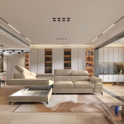 Canapé D'angle Favien Crème En Velours Avec Fonction De Couchage