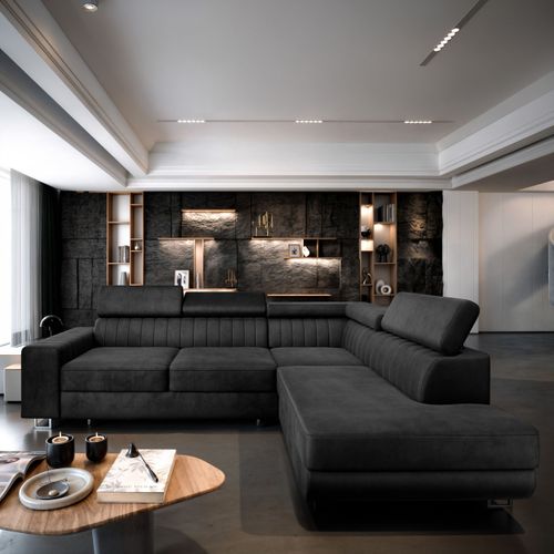 Canapé D'angle Nola Noir En Velours Avec Fonction De Couchage