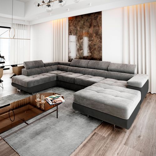 Canapé D'angle Casone Gris Clair En Velours Avec Fonction De Couchage