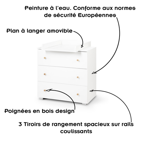 Karolina Commode Bébé 3 Tiroirs Et Plan À Langer Amovible Blanc / Pin
