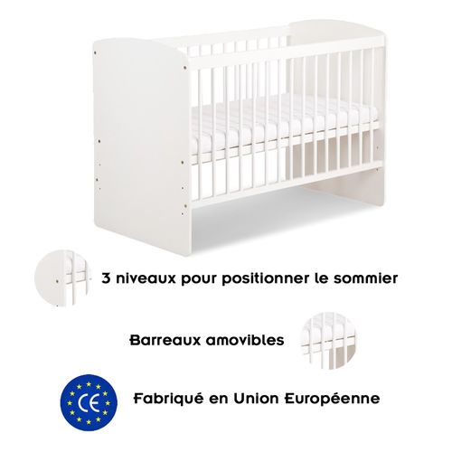 Karolina Ii Lit Bébé À Barreaux 120x60 Avec Sommier Réglable Blanc