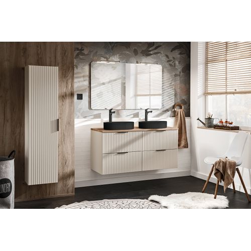 Meuble Suspendu Sous Vasque Adel Cachemire 120 Cm Avec Panier à Linge Et Plan Chêne