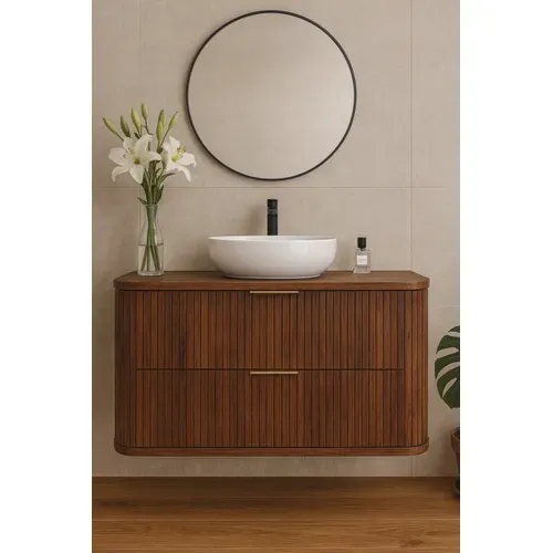 Meuble Sous-vasque Suspendu Glamour 100 Cm – 2 Tiroirs, Finition Noyer Foncé, Design Moderne