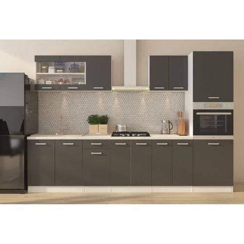 Ultra Cuisine Complete Avec Colonne Four Et Plan De Travail Inclus - L300 Cm - 9 Éléments - Gris Mat