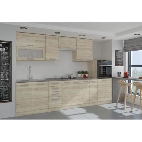 Lassen Cuisine Complete L 300 Cm Avec Demi-colonne Four Et Hotte - Décor Chene Sonoma