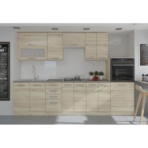 Lassen Cuisine Complete L 300 Cm Avec Demi-colonne Four Et Hotte - Décor Chene Sonoma