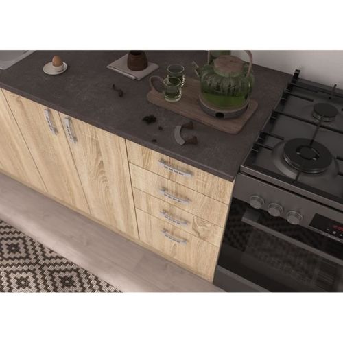 Cuisine Complète PEGANE 180cm - 5 Éléments Chêne Sonoma - Plan De Travail Inclus