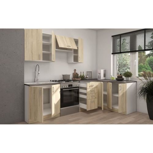 Sara Cuisine Complete Modulable - Angle Réversible - 7 Éléments - Décor Chene Sonoma - L270xl148 Cm