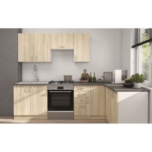 Sara Cuisine Complete Modulable - Angle Réversible - 7 Éléments - Décor Chene Sonoma - L270xl148 Cm