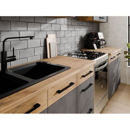 Cuisine Complete Rock 7 Éléments - Décor Chêne Lancelot Et Gris Matera - L260xp52xh82cm