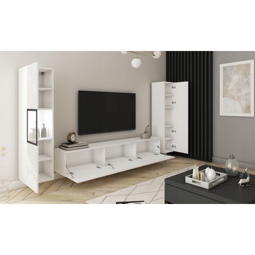 Mur TV 180 Cm Vitrine + Colonne Blanc Mat / Blanc Brillant