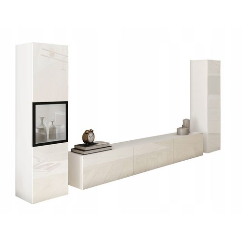 Mur TV 180 Cm Vitrine + Colonne Blanc Mat / Blanc Brillant