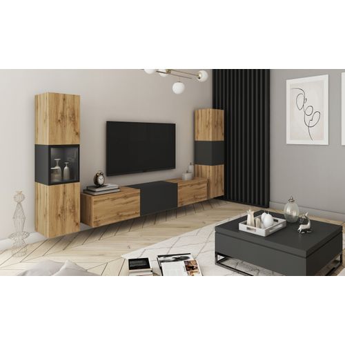 Mur TV 180 Cm Vitrine + Colonne Chêne Wotan Noir Mat