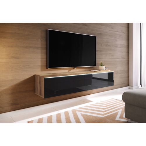 Meuble TV 140 Cm 2 Portes Chêne Wotan Mat / Noir Brillant Suspendu Ou Posé