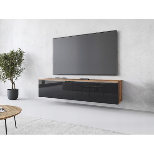 Meuble TV 140 Cm 2 Portes Chêne Wotan Mat / Noir Brillant Suspendu Ou Posé