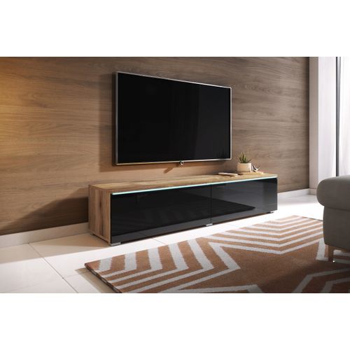 Meuble TV 140 Cm 2 Portes Chêne Wotan Mat / Noir Brillant Suspendu Ou Posé