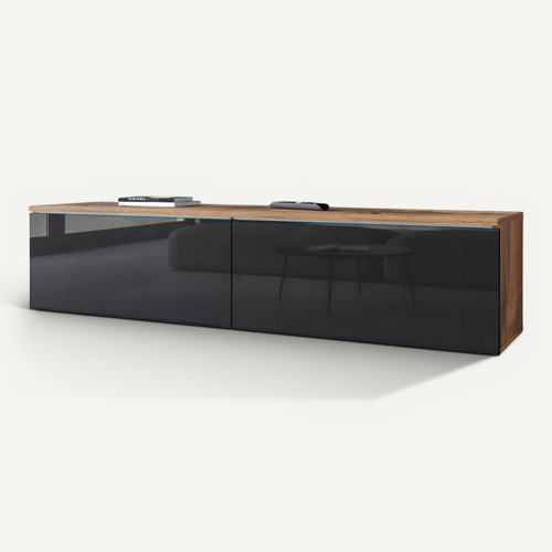 Meuble TV 140 Cm 2 Portes Chêne Wotan Mat / Noir Brillant Suspendu Ou Posé