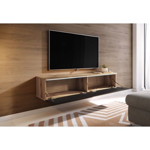 Meuble TV 140 Cm 2 Portes Chêne Wotan Mat / Noir Brillant Suspendu Ou Posé