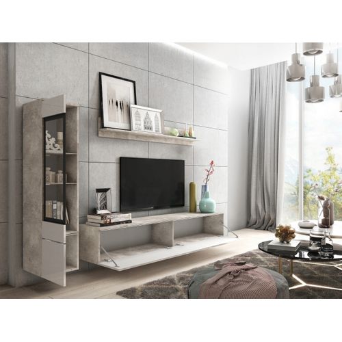 Ensemble Salon 3 éléments: TV 180 + Vitrine + étagère, Béton Mat / Blanc Brillant