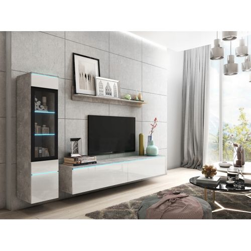Ensemble Salon 3 éléments: TV 180 + Vitrine + étagère, Béton Mat / Blanc Brillant