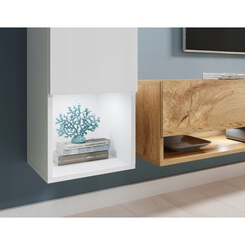 Mur TV Suspendu 180 Cm Colonne + Meubles Blanc Brillant / Chêne Wotan